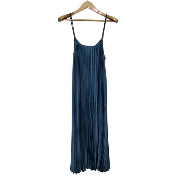 Sam Edelman Pleated Hammered‎ Satin Plissé Midi Dress NWT Slate Blue - Picture 1 of 8